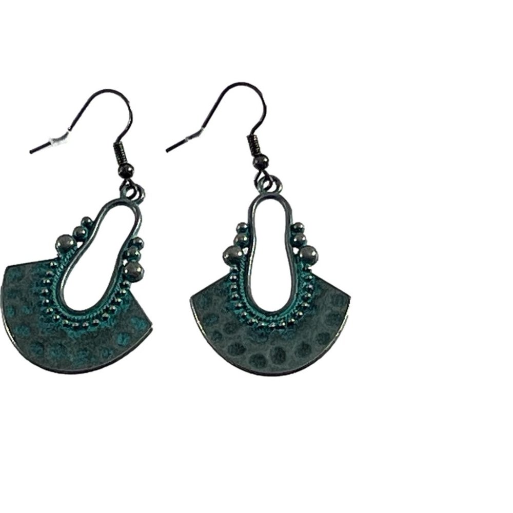 Metal Green Patina Fan Style Dangle Earrings Boho Tribal 2"
